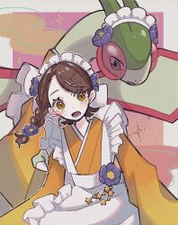 1girl alternate_costume apron braid brown_hair dress enekonoshippo27 flower flygon frilled_dress frills gen_3_pokemon hair_flower hair_ornament juliana_(pokemon) maid maid_apron maid_headdress nintendo pokemon pokemon_(creature) pokemon_sv white_apron yellow_dress