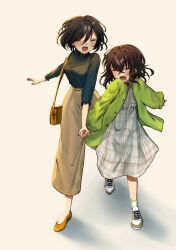 Rule 34 | 2girls, :d, ^ ^, age difference, bag, black hair, black shirt, blush, breasts, brown hair, brown pants, closed eyes, commentary request, dress, full body, furrowed brow, green jacket, happy, height difference, holding hands, itsuki (toya 0321), jacket, long sleeves, medium hair, multiple girls, open mouth, original, pants, plaid clothes, plaid dress, puffy sleeves, shirt, shoes, short hair, shoulder bag, smile, sneakers, socks, sumika (toya 0321), toya 0321, walking, white dress, yuri
