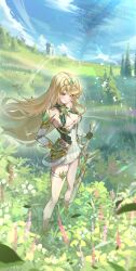 Rule 34 | 1girl, absurdres, bare shoulders, blonde hair, breasts, chest jewel, cleavage, commission, core crystal (xenoblade), dress, highres, holding, holding sword, holding weapon, large breasts, lazyfox, long hair, microdress, mythra (xenoblade), nature, on grass, outdoors, solo, standing, sword, tiara, weapon, xenoblade chronicles (series), xenoblade chronicles 2, yellow eyes
