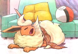 artist_name closed_mouth cloth commentary cushion fangs flareon full_body gen_1_pokemon indoors kotobukkii_(yt_lvlv) nintendo no_humans open_mouth poke_ball_symbol pokemon pokemon_(creature) red_fur sitting solo twitter_username two-tone_fur watermark white_fur yawning