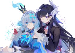 2girls aqua_dress aqua_eyes bare_shoulders behind_another blue_cape blue_fire blue_hair blunt_bangs cape center_opening cerydra_(honkai:_star_rail) chinese_commentary collared_dress couple crown dress earpiece earrings fire fur-trimmed_cape fur_trim gem gloves hair_intakes hair_ornament hairclip hands_on_another&#039;s_shoulders head_tilt headpiece highres honkai:_star_rail honkai_(series) hysilens_(honkai:_star_rail) jewelry leaning_back leaning_forward leaning_to_the_side long_sleeves looking_at_another looking_down looking_to_the_side looking_up mangzhi_yaoyao multicolored_dress multicolored_hair multiple_girls parted_lips pearl_(gemstone) pearl_earrings puffy_long_sleeves puffy_sleeves purple_dress purple_eyes purple_hair shade simple_background sitting sleeveless sleeveless_dress sparkle standing upper_body white_background wide_sleeves yuri
