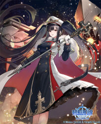 1girl azur_lane black_dress black_hair breasts buttons cape capelet coat_dress cross double-breasted dress feet_out_of_frame fur-trimmed_cape fur_trim gloves iron_cross large_breasts layered_dress long_hair long_sleeves looking_at_viewer nijihayashi official_art peter_strasser_(azur_lane) purple_eyes rigging solo standing twintails very_long_hair white_capelet white_gloves