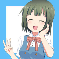 Rule 34 | 1girl, blue background, dot nose, feet out of frame, female focus, green hair, highres, kin-iro mosaic, mitabi12, oomiya shinobu, open mouth, school uniform, short hair, short sleeves, solo, standing, upper body