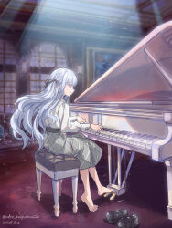 1girl absurdres bang_dream! bang_dream!_it&#039;s_mygo!!!!! barefoot blue_hair chair dated from_side grey_skirt hair_ribbon highres indoors instrument light_rays long_hair long_sleeves mary_janes moonlight music nero_augustus on_chair piano_bench plaid_clothes plaid_skirt playing_instrument playing_piano ribbon shirt shoes skirt solo spotlight togawa_sakiko twitter_username two_side_up unworn_shoes white_shirt window yellow_eyes