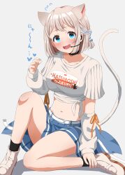 1girl absurdres animal_ears black_choker blue_eyes blue_ribbon blue_skirt blush braid cat_ears cat_girl choker detached_sleeves gakuen_idolmaster grey_background grey_hair grey_shirt hair_ribbon half_up_braid haruki_(haruki678) headset heart highres idolmaster katsuragi_lilja kemonomimi_mode midriff navel pleated_skirt print_shirt ribbon ribbon_braid shirt short_hair short_sleeves simple_background sitting skirt smile solo tied_shirt