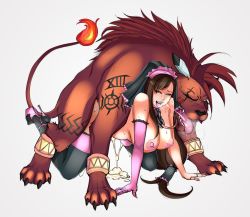 1990s_(style) 1boy 1girl 2014 ahegao all_fours bestiality black_hair blush bracelet breasts chain cum doggystyle elbow_gloves final_fantasy final_fantasy_vii fire gloves headwear_request hetero high_heels highres jewelry jontxu lm_(legoman) long_hair red_xiii retro_artstyle sex sex_from_behind shoes source_request tattoo teeth thighhighs tifa_lockhart tongue tongue_out