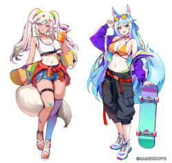 2girls :q amekaji_gyaru animal_ears arm_up bag bare_shoulders bikini black_choker black_pants blue_hair blue_shorts breasts choker cleavage closed_mouth clothes_around_waist commentary crop_top crop_top_overhang denim denim_shorts ein_(foxyreine) fox_ears fox_tail foxyreine full_body green_eyes gyaru highres jacket jacket_around_waist jewelry large_breasts long_hair long_sleeves looking_at_viewer midriff multiple_girls navel necklace off_shoulder open_clothes open_jacket open_mouth orange_bikini orange_eyes original pants purple_jacket sandals shirt shoes short_shorts shorts shoulder_bag simple_background single_thighhigh sister_reine_(foxyreine) skateboard skindentation sleeveless sleeveless_shirt smile sneakers stomach string_bikini swimsuit tail tan tank_top tanline thigh_strap thighhighs thighs tongue tongue_out twintails very_long_hair white_background white_hair white_shirt