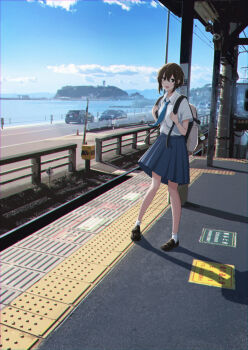 Rule 34 | 1girl, backpack, bag, black eyes, black hair, blue necktie, blue skirt, blue sky, building, car, city, cloud, collared shirt, commentary request, day, enoshima, hair between eyes, highres, island, loafers, motor vehicle, necktie, open mouth, original, outdoors, railing, railroad tracks, road, sakeharasu, school uniform, shirt, shoes, short hair, short sleeves, sidelocks, skirt, sky, smile, socks, solo, standing, train station, vanishing point, white shirt, white socks