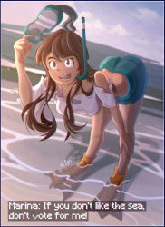 Rule 34 | bent over, brown hair, flippers, goggles, highres, hypixel, hypixel skyblock, marina (skyblock), smile, swim goggles, tagme, water
