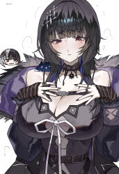 1girl :3 absurdres black_arm_warmers black_choker black_dress black_hair black_nails blue_hair breasts chest_belt chibi chibi_inset choker cleavage coat colored_inner_hair commentary cosplay dress english_commentary ewn fur-trimmed_coat fur_trim gloves grey_hair hair_ornament highres hololive hololive_english lace lace-trimmed_choker lace_choker lace_trim large_breasts long_hair looking_at_viewer mole mole_under_eye multicolored_hair nerissa_ravencroft red_eyes shiori_novella shiori_novella_(1st_costume) shiori_novella_(cosplay) simple_background smile solo_focus split-color_hair striped_arm_warmers striped_clothes striped_gloves tassel tassel_hair_ornament two-tone_hair virtual_youtuber white_background yellow_eyes