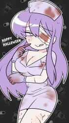 1girl :p bandage_over_one_eye black_eyes black_hair blood blood_on_clothes blood_on_face blood_on_leg blood_stain breasts cleavage english_text ezaki_bisuko gloves hair_between_eyes halloween halloween_costume hand_on_own_arm happy_halloween hat highres large_breasts long_hair menhera-chan_(ezaki_bisuko) nurse nurse_cap outline patterned_background pill pointing pointing_at_self purple_hair seductive_smile smile solo stain stitches syringe tongue tongue_out white_outline yumekawa-chan_(ezaki_bisuko)