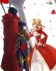 Rule 34 | 1boy, ahoge, alex kellar, angry, armor, black eyes, black hair, blonde hair, breasts, brown eyes, cape, cleavage, closed mouth, crossover, dress, fate/extra, fate (series), full armor, gauntlets, gloves, green eyes, hair bun, hair intakes, hair ribbon, helmet, highres, long sleeves, medium breasts, momon (overlord), multiple girls, nabe (overlord), narberal gamma, nero claudius (fate), nero claudius (fate/extra), overlord (maruyama), petals, pillar, red cape, red dress, ribbon, rose petals, short hair, smile, smug, sword, weapon