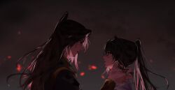 2boys black_hair black_hanfu blood blood_on_face blurry blurry_background chinese_clothes embers eye_contact furrowed_brow hair_ribbon half_updo hanfu height_difference high_ponytail highres holding_another&#039;s_hair jeongbae22 jinhongi korean_commentary long_hair looking_at_another male_focus multiple_boys open_mouth parted_lips ponytail ribbon seol_young smoke upper_body white_hanfu white_ribbon zaha