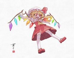 1girl ascot ay606078 blonde_hair collared_shirt commentary crystal crystal_wings flandre_scarlet frilled_shirt_collar frills full_body hat hat_ribbon highres long_hair mary_janes mob_cap multicolored_wings one_side_up open_mouth outstretched_arms pointy_ears puffy_short_sleeves puffy_sleeves red_eyes red_shoes red_skirt red_vest ribbon shirt shoes short_sleeves signature skirt skirt_set smile solo spread_arms thighhighs touhou vest white_hat white_shirt white_thighhighs wings yellow_ascot
