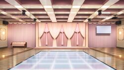 ceiling_light couch curtains dance_floor highres indoors mirror monitor no_humans non-web_source official_art our_life:_beginnings_and_always reflective_floor scenery tile_floor tiles variant_set
