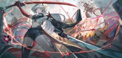 1girl acheron_(honkai:_star_rail) asymmetrical_legwear black_boots black_choker black_gloves black_hole black_shorts boots breasts choker cleavage coat coattails commentary detached_sleeves dualnaito english_commentary gloves hair_over_one_eye highres holding holding_sword holding_weapon honkai:_star_rail honkai_(series) long_hair midriff navel official_alternate_hair_color red_eyes scabbard sheath short_shorts shorts single_bare_shoulder solo sparks stomach sword thigh_boots weapon white_coat white_hair