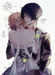 1boy 1girl arm_cutout armor bite_mark bite_mark_on_shoulder black_corset black_gloves black_hair black_kimono black_sleeves blonde_hair blue_trim blunt_ends clothing_cutout corset cross-laced_clothes cross-laced_corset detached_sleeves dress elpheltel english_text eyeliner eyeshadow gem genshin_impact gloves glowing_gem green_gemstone hand_on_another&#039;s_ass hand_on_another&#039;s_head hand_on_another&#039;s_shoulder hetero hickey highres japanese_armor japanese_clothes juban kimono kote kurokote layered_sleeves leaning_on_person looking_at_another lumine_(genshin_impact) makeup open_mouth partially_fingerless_gloves purple_eyes purple_rope purple_sleeves red_eyeliner red_eyeshadow rope scaramouche_(genshin_impact) scarf shimenawa short_hair short_sleeves shoulder_blades speech_bubble steaming_body sweat teeth trembling tsurime twitter_username upper_teeth_only vambraces white_background white_dress white_rope white_scarf white_sleeves