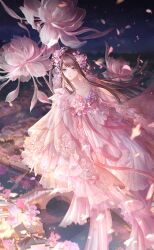 Rule 34 | 1girl, architecture, artist request, bow, bowtie, breasts, bridge, brooch, brown hair, camellia, chinese clothes, cleavage, closed mouth, east asian architecture, eyelashes, fleeting dream (shining nikki), floating, floating hair, floral print, flower, flower brooch, frilled sleeves, frills, full body, game cg, hair flower, hair intakes, hair ornament, hair rings, hanfu, happy, highres, jewelry, light blush, light particles, long hair, long sidelocks, long sleeves, looking ahead, necklace, night, night sky, nikki (series), official art, outdoors, petals, pink bow, pink bowtie, pink flower, pink hanfu, purple eyes, purple flower, river, shining nikki, sidelocks, sky, sleeves past fingers, sleeves past wrists, smile, solo, town, very long hair, wide sleeves, yuntan (shining nikki)