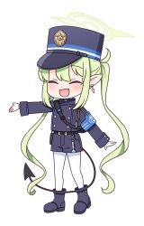1girl :d armband blue_archive blue_armband blue_boots blue_hat blue_jacket blue_shorts boots closed_eyes commentary_request deformed demon_girl demon_tail earrings facing_viewer fang full_body gloves green_hair green_halo halo harada_(sansei_rain) hat jacket jewelry long_hair long_sleeves nozomi_(blue_archive) open_mouth pantyhose pantyhose_under_shorts peaked_cap pointy_ears short_shorts shorts simple_background skin_fang smile solo standing tail transparent_background twintails very_long_hair white_gloves white_pantyhose