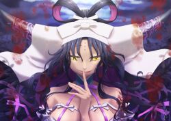 1girl air_bubble black_hair black_horns blood breasts bubble closed_mouth facial_mark fate/grand_order fate_(series) forehead_mark hair_rings hand_up horns large_breasts licking_lips long_hair long_horns looking_at_viewer mermaid mermaid_costume monster_girl multicolored_hair multicolored_horns out_of_frame parted_bangs pink_hair pink_horns pink_ribbon portrait ribbon sessyoin_kiara sessyoin_kiara_(swimsuit_mooncancer) sessyoin_kiara_(swimsuit_mooncancer)_(third_ascension) signature silhouette smile solo_focus tongue tongue_out two-tone_hair two-tone_horns underwater veil very_long_hair white_veil yellow_eyes yuni_she