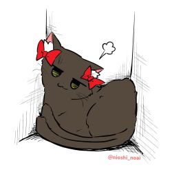 :3 animal_focus black_cat bow cat closed_mouth commentary_request full_body kaenbyou_rin kaenbyou_rin_(cat) looking_at_viewer multiple_tails no_humans noai_nioshi red_bow simple_background solo tail touhou twitter_username two_tails white_background