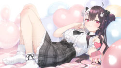 1girl balloon bare_shoulders black_hair box breasts center_frills closed_mouth commentary_request commission double_bun english_text frilled_skirt frills grey_hair grey_skirt hair_bun hair_ornament heart heart_balloon highres holding holding_box kani_biimu knees_up lying medium_breasts multicolored_hair nail_polish nijisanji no_shoes on_back pink_hair plaid_clothes plaid_skirt rabbit_hair_ornament red_nails shirt simple_background skeb_commission skirt sleeveless sleeveless_shirt smile socks solo streaked_hair two-tone_hair virtual_youtuber watermark white_background white_shirt white_socks yorumi_rena yorumi_rena_(11th_costume)