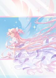 1girl absurdly_long_hair arm_at_side asukaru_(magika_ru) blue_background border choker commentary dated dress energy_wings floating_clothes floating_hair frilled_dress frilled_sleeves frills gloves gradient_border hair_between_eyes hair_ribbon hand_rest highres invisible_chair kaname_madoka letterboxed light_blush long_dress long_hair looking_to_the_side mahou_shoujo_madoka_magica mahou_shoujo_madoka_magica_(anime) outside_border parted_lips pink_hair pink_sleeves pink_wings ribbon short_sleeves short_twintails signature sitting solo sparkle_background transparent_wings twintails ultimate_madoka very_long_hair white_border white_choker white_dress white_gloves white_ribbon wide_sleeves wings yellow_eyes