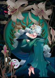 1girl absurdres bandal bare_shoulders barefoot blue_dress colored_eyelashes cookie_run dress elbow_gloves eyelashes gloves grey_hair highres long_hair looking_at_viewer parted_lips red_eyes sitting solo very_long_hair white_lily white_lily_cookie