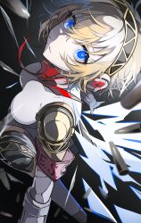 1girl a_sa_gohan absurdres aigis_(persona) android blonde_hair blue_eyes bow breasts bullet dark_background detached_wings eyelashes from_above headphones highres joints looking_at_viewer persona persona_3 ribbon ringed_eyes robot_ears robot_girl robot_joints s.e.e.s short_hair sidelighting solo wings