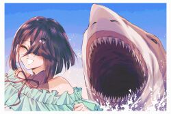1girl bare_shoulders black_eyes black_hair closed_eyes fangs fate/grand_order fate_(series) great_white_shark hair_ornament hair_over_one_eye happy highres open_mouth pipipiinat ribbon shark short_hair smile swimsuit teeth xu_fu_(fate) xu_fu_(swimsuit_avenger)_(second_ascension)_(fate)
