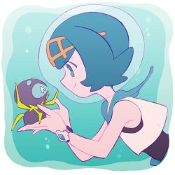 1girl 2nacl air_bubble blue_eyes blue_hair bracelet bubble closed_mouth collared_shirt commentary dewpider from_side gen_7_pokemon highres holding holding_pokemon jewelry lana_(pokemon) nintendo no_sclera pokemon pokemon_(anime) pokemon_(creature) pokemon_sm_(anime) shirt short_hair sleeveless sleeveless_shirt smile underwater upper_body white_shirt