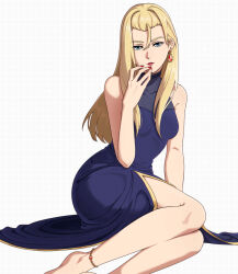 1girl alternate_costume anklet bare_shoulders barefoot blonde_hair blue_dress blue_eyes breasts dress enelous foot_out_of_frame formal_clothes gigi_andalusia grey_background grid_background gundam gundam_hathaway&#039;s_flash highres jewelry lipstick long_hair looking_at_viewer makeup medium_breasts nail_polish parted_lips pendant_earring red_lips red_nails side_slit sitting sleeveless sleeveless_dress solo