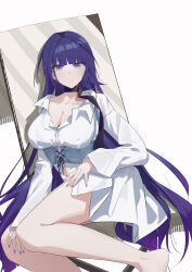 Rule 34 | 1girl, absurdres, barefoot, black ribbon, blunt bangs, breasts, cleavage, collarbone, commentary, earrings, fingernails, foot out of frame, highres, honkai (series), honkai impact 3rd, jewelry, large breasts, lilin (pixiv 25958194), long fingernails, long hair, looking at viewer, nail polish, neck ribbon, parted lips, purple eyes, purple hair, purple nails, raiden mei, raiden mei (apho), ribbon, shirt, solo, thighs, very long hair, white shirt