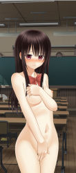 Rule 34 | 1girl, black hair, blush, breasts, classroom, covering breasts, covering crotch, covering privates, cowboy shot, desk, female focus, hisahara shizuku, hosi-gaki, indoors, long hair, looking at viewer, naked school attendance, neck ribbon, nipples, nude, original, red eyes, ribbon, school, school desk, shitou (4h), small breasts, solo, standing, wooden floor, zenra toukou school