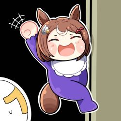 +++ 1girl 1other animal_ears arm_up baby bib blush brown_hair commentary_request full_body hair_ornament hairclip highres horse_ears horse_girl horse_tail onesie open_mouth short_hair smile solo_focus t-head_trainer_(umamusume) tail trainer_(umamusume) true_owl tsurumaru_tsuyoshi_(umamusume) umamusume umamusume_tanuki