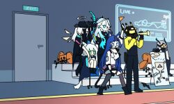 ... 5boys 6+girls ace_(arknights) amiya_(arknights) animal_ears animated animated_gif arknights arms_up binoculars blaze_(arknights) blue_hair brown_hair cat_ears cat_girl cheering chinese_commentary commentary_request competition covered_face detached_wings evening exit_sign flag glowstick grey_hair halo holding holding_binoculars holding_flag holding_glowstick holding_instrument holding_trumpet indoors instrument kal&#039;tsit_(arknights) knees_to_chest logos_(arknights) losia mantra_(arknights) mechanist_(arknights) misery_(arknights) mountainous_horizon multiple_boys multiple_girls music open_door outcast_(arknights) outdoors playing_instrument rosmontis_(arknights) scout_(arknights) sitting sky spoken_ellipsis standing stool sunglasses suspension throwing traditional_halo trumpet white_hair wings yellow_halo yellow_wings