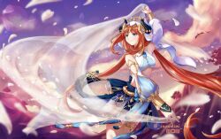 1girl absurdres aqua_eyes arm_up bare_shoulders blue_gemstone blue_skirt brooch circlet cloud commentary cowboy_shot crop_top dancer dancing dated detached_sleeves english_commentary fake_horns falling_petals from_side gem genshin_impact gold_circlet gold_trim headdress highres horns instagram_logo jewelry light_smile long_hair looking_to_the_side midriff nilou_(genshin_impact) outdoors parted_bangs petals pixiv_logo puffy_sleeves red_hair signature skirt sky snow_(snowmimi) solo sunset thighlet thighs twitter_logo twitter_username veil very_long_hair white_veil