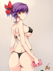 1girl 2boys ass back bikini black_bikini breasts female_focus food fruit gegege_no_kitarou holding holding_phone kitarou large_breasts looking_at_viewer looking_back medama_oyaji micro_bikini multiple_boys nekomusume phone purple_hair short_hair skindentation slit_pupils solo swimsuit thick_thighs thighs thong thong_bikini tsukasawa_takamatsu watermelon wide_hips yellow_eyes
