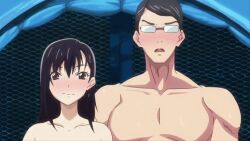 1boy 1girl animated animated_gif black_hair brown_eyes casual_nudity censored covering_breasts covering_crotch covering_privates long_hair mosaic_censoring muscular muscular_male naoki_tatsu navel nipples nude nudist_beach_ni_shuugakuryokou_de!! nudist_beach_ni_shuugakuryokou_de!!_the_animation penis short_hair taniguchi_akiho tent
