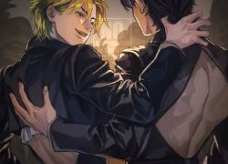 2boys back back_cutout black_hair black_jacket blonde_hair clothing_cutout curtained_hair dio_brando evil_smile film_grain hand_on_another&#039;s_back hand_on_another&#039;s_neck highres jacket jojo_no_kimyou_na_bouken jonathan_joestar looking_at_another male_focus multiple_boys open_mouth parted_bangs phantom_blood short_hair smile suit_jacket togusa_jj watermark