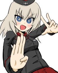 Rule 34 | black hat, black jacket, blue eyes, collared shirt, fighting stance, garrison cap, girls und panzer, grey hair, hat, highres, itsumi erika, jacket, kumanoko (xtakatox), kung fu, kuromorimine military uniform, long hair, miniskirt, red shirt, red skirt, shirt, skirt