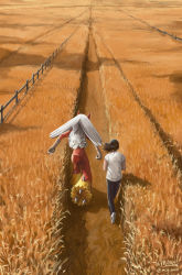 1girl black_hair blaziken commentary creature english_commentary fence gen_3_pokemon highres mcgmark medium_hair nintendo original outdoors pokemon pokemon_(creature) running shadow shirt signature white_shirt