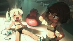 2girls absurdres artist_name ball bare_arms bare_legs bare_shoulders black_hair blush breasts brown_eyes candy_snail_(porforever) closed_eyes commentary dated digitan_(porforever) electric_plug electric_plug_tail english_commentary exercise_ball exhausted fang gym hair_between_eyes hand_on_own_hip highres kuruna_(pixel_princess_blitz) midriff multiple_girls navel open_mouth original ponytail porforever robot_ears sitting small_breasts sports_bra steaming_body tail tile_floor tiles towel wavy_mouth white_hair