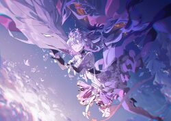 1girl asymmetrical_gloves black_tiara breasts castorice_(honkai:_star_rail) closed_eyes closed_mouth dragon_horns dress elbow_gloves flower flower_ornament gloves hair_flower hair_ornament high_heels highres honkai:_star_rail honkai_(series) horns long_hair mono_(freerotary) netherwing_(honkai:_star_rail) pantyhose purple_gloves purple_hair tiara uneven_gloves white_dress white_pantyhose