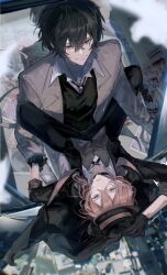 2boys absurdres against_window bandaged_arm bandaged_neck bandages bird black_choker black_gloves black_hair black_hat black_jacket black_necktie black_pants black_vest blood blood_on_ground blue_eyes blurry blurry_foreground brooch brown_jacket bungou_stray_dogs chinese_commentary choker cigarette cityscape closed_mouth collared_shirt dazai_osamu_(bungou_stray_dogs) depth_of_field from_above gloves grey_vest hair_between_eyes hand_on_another&#039;s_arm hand_on_headwear hat highres jacket jacket_on_shoulders jewelry long_hair long_sleeves looking_at_another male_focus mouth_hold multiple_boys nakahara_chuuya_(bungou_stray_dogs) necktie open_clothes open_jacket orange_hair pants parted_lips photo_(object) red_eyes sakura-zero shirt short_hair smile smoke smoking spread_legs strap twitter_username vest white_bird white_shirt yaoi