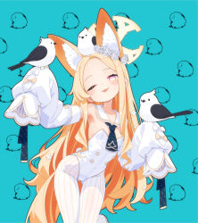Rule 34 | 1girl, ;p, adapted costume, animal ear fluff, animal ears, bird, blonde hair, blue archive, covered navel, cross halo, detached collar, ear wreath, extra ears, flower wreath, forehead, fox ears, fox girl, gluteal fold, gradient eyes, halo, hands up, leotard, long-tailed tit, long hair, looking at viewer, multicolored eyes, mutsuse, one eye closed, pantyhose, pinstripe pantyhose, playboy bunny, sailor collar, seia (blue archive), sleeve bow, sleeves past fingers, sleeves past wrists, solo focus, strapless, strapless leotard, striped clothes, striped pantyhose, thigh gap, tit (bird), tongue, tongue out, vertical-striped clothes, vertical-striped pantyhose, white bird, white sailor collar, yellow halo
