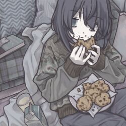1girl :t absurdres bags_under_eyes black_hair book chocolate_chip_cookie cookie couch cup drinking_glass eating food food_on_face green_sweater gudon_udon hair_over_one_eye highres medium_hair milk milk_carton original pale_skin pants plate sitting solo sweater