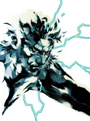 1boy bandana beard closed_mouth commentary electricity english_commentary facial_hair from_side headband highres limited_palette long_hair male_focus metal_gear_(series) metal_gear_solid_2:_sons_of_liberty official_art serious shinkawa_youji solid_snake solo third-party_source upper_body
