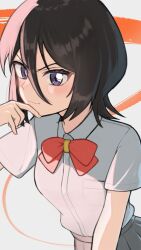 Rule 34 | 1girl, artist request, black hair, bleach, blouse, bow, breasts, female focus, karakura high school uniform, kuchiki rukia, light blush, medium hair, red bow, school uniform, shirt, skirt, small breasts