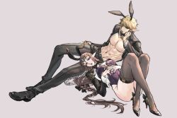 1boy 1girl abs alternate_costume animal_ear_hairband animal_ears arm_support black_bow black_bowtie black_jacket black_pants black_shoes black_thighhighs blonde_hair bow bowtie braid breasts brown_hair cleavage commentary cropped_jacket fake_animal_ears full_body grey_background hairband high_heels highres jacket kurokawa_karasu leotard link looking_at_viewer lying muscular muscular_male navel nintendo on_back pants pink_leotard playboy_bunny pointy_ears princess_zelda rabbit_ear_hairband rabbit_ears shoes sidelocks simple_background symbol-only_commentary the_legend_of_zelda the_legend_of_zelda:_twilight_princess thighhighs tiara wrist_cuffs
